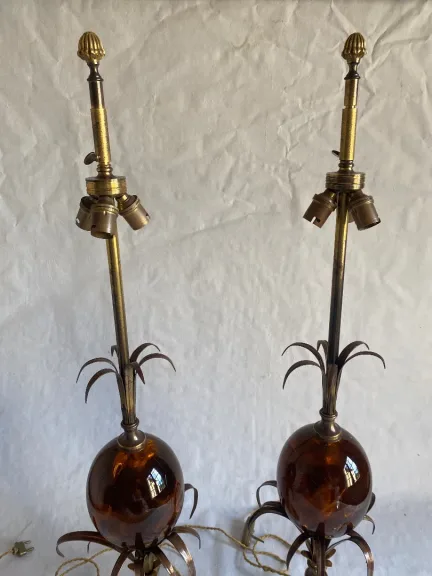 1950/70 Pair of Bronze and Fractable Resin Egg Lamps Signed Charles