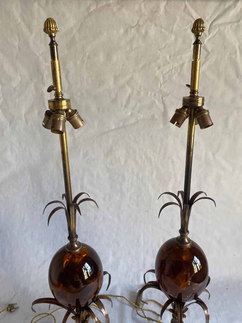 1950/70 Paire de Lampes en Bronze et Oeuf en Resine Fractable Signée Charles