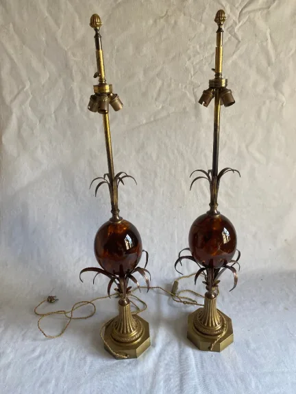 1950/70 Pair of Bronze and Fractable Resin Egg Lamps Signed Charles