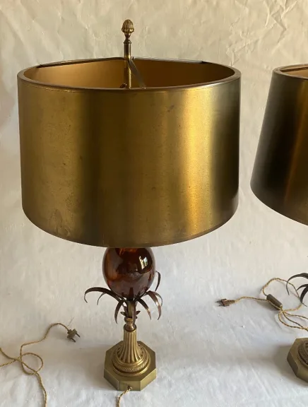 1950/70 Pair of Bronze and Fractable Resin Egg Lamps Signed Charles