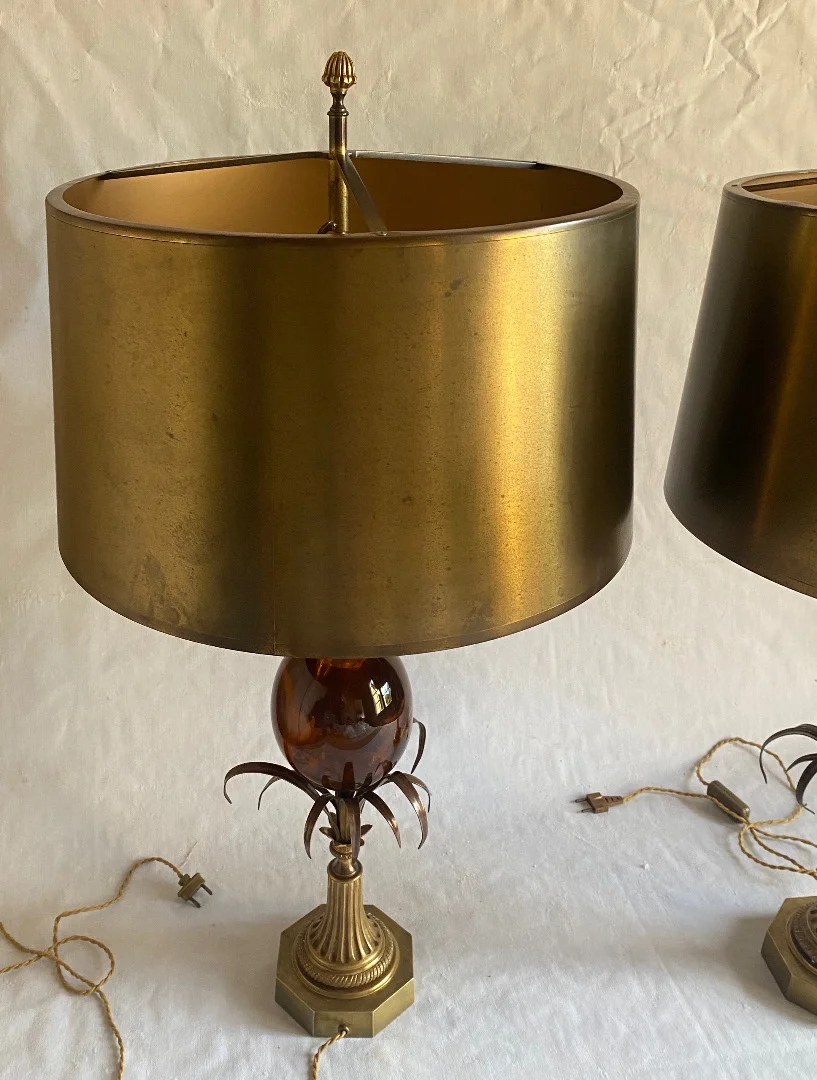 1950/70 Paire de Lampes en Bronze et Oeuf en Resine Fractable Signée Charles