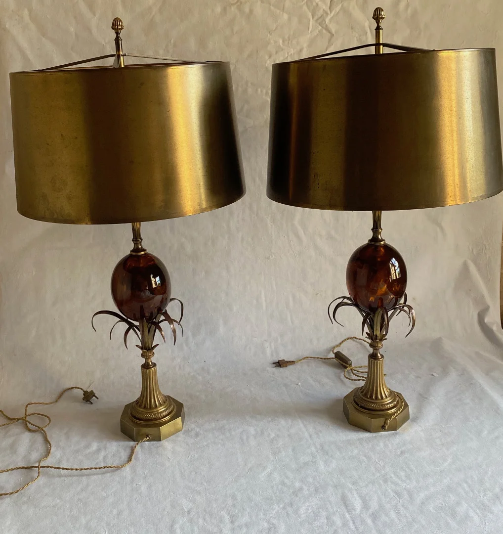 1950/70 Pair of Bronze and Fractable Resin Egg Lamps Signed Charles