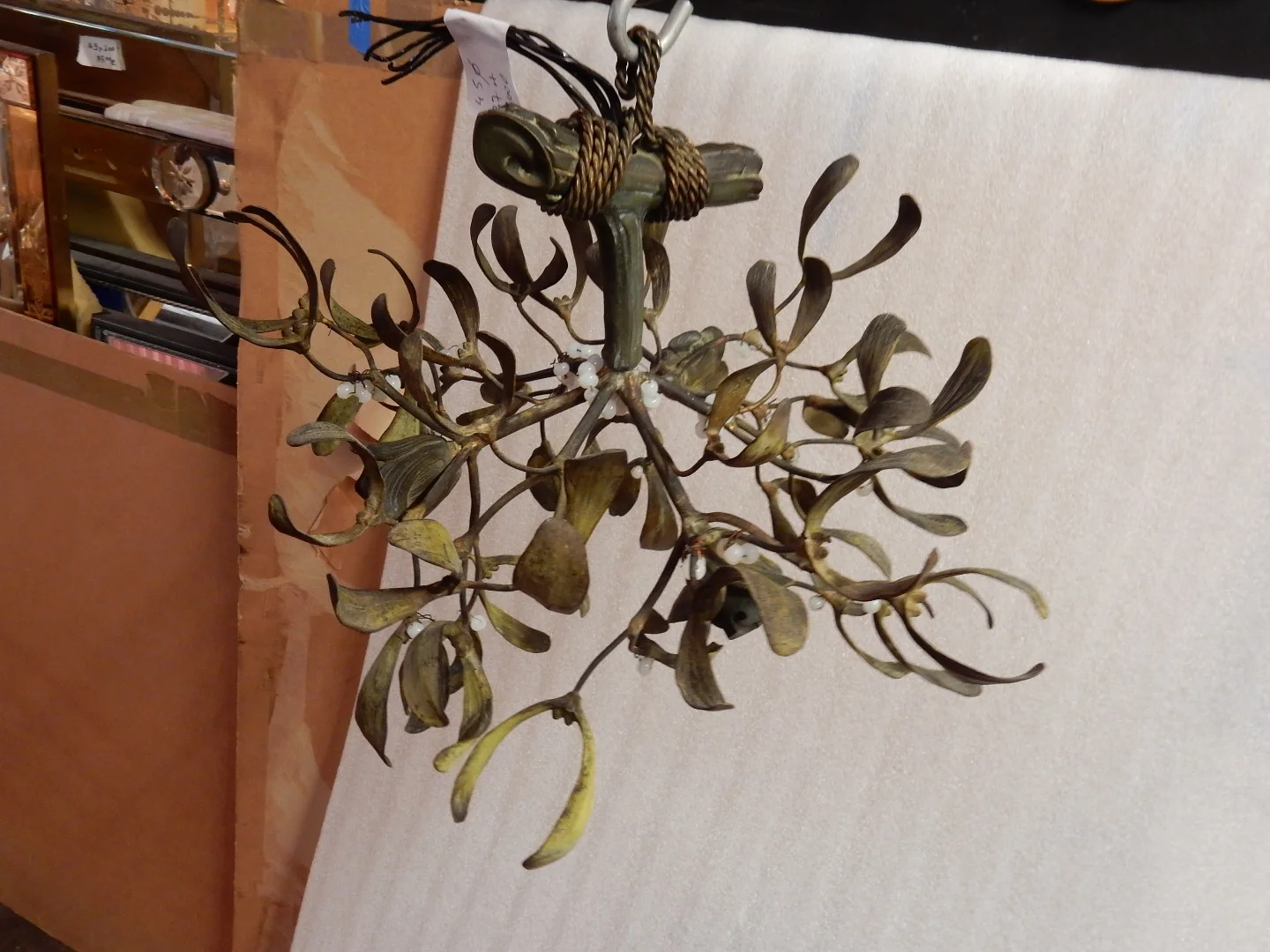 1900′ Art Nouveau Bronze Mistletoe Ball Chandelier with 3 Lamps Diameter 45 cm Sockets In the Shape of Tulips