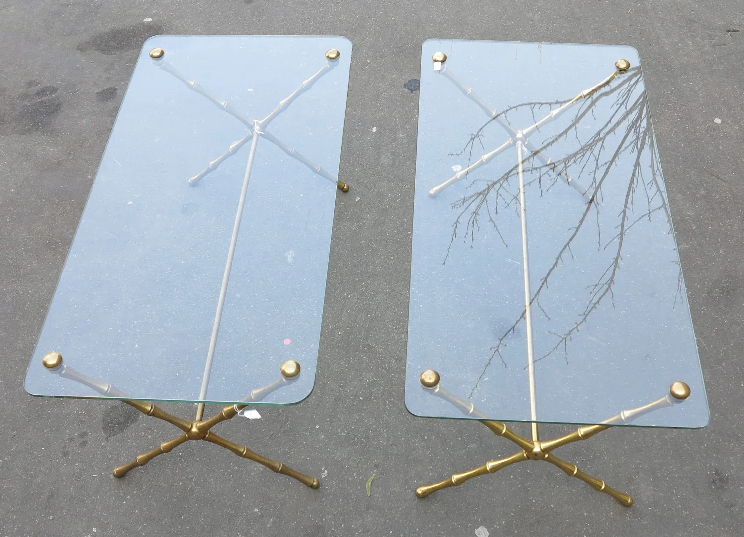 1950/70 Pair of Maison Baguès Gilt Bronze Coffee Tables, Bamboo Model, Spacer, Screwed Glass Top