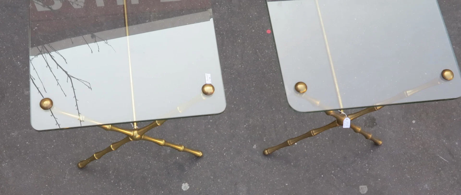 1950/70 Pair of Maison Baguès Gilt Bronze Coffee Tables, Bamboo Model, Spacer, Screwed Glass Top