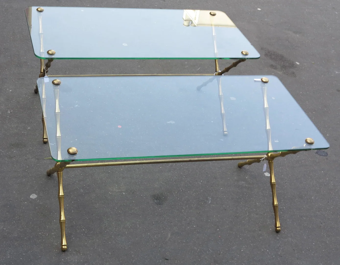 1950/70 Pair of Maison Baguès Gilt Bronze Coffee Tables, Bamboo Model, Spacer, Screwed Glass Top