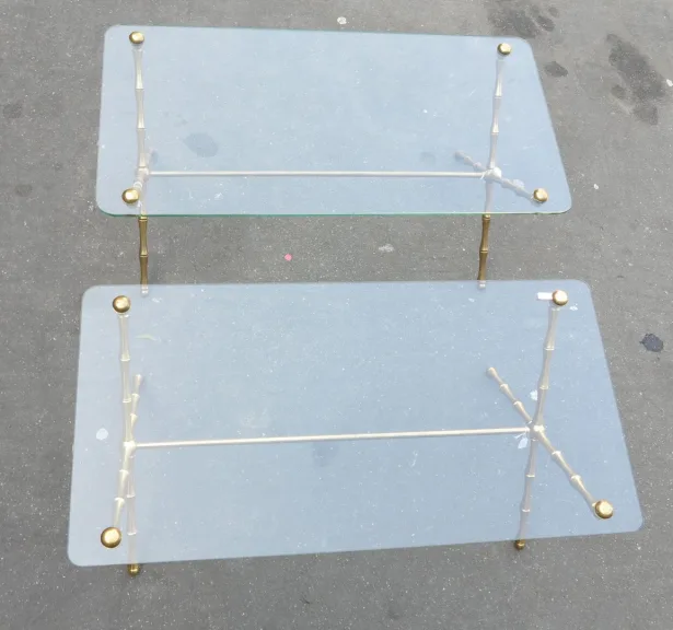1950/70 Pair of Maison Baguès Gilt Bronze Coffee Tables, Bamboo Model, Spacer, Screwed Glass Top