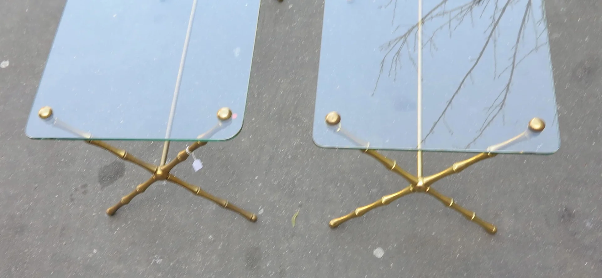 1950/70 Pair of Maison Baguès Gilt Bronze Coffee Tables, Bamboo Model, Spacer, Screwed Glass Top