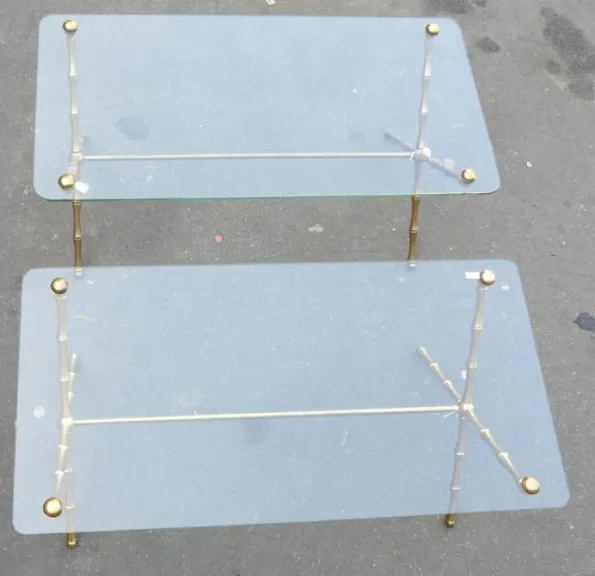 1950/70 Pair of Maison Baguès Gilt Bronze Coffee Tables, Bamboo Model, Spacer, Screwed Glass Top