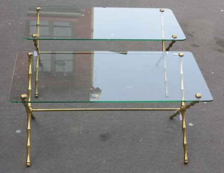 1950/70 Pair of Maison Baguès Gilt Bronze Coffee Tables, Bamboo Model, Spacer, Screwed Glass Top