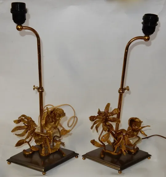 1950/70 Pair of Orchid Lamps In Silvered and Gilded Bronze DLG Maison Charles Or Maison Jansen