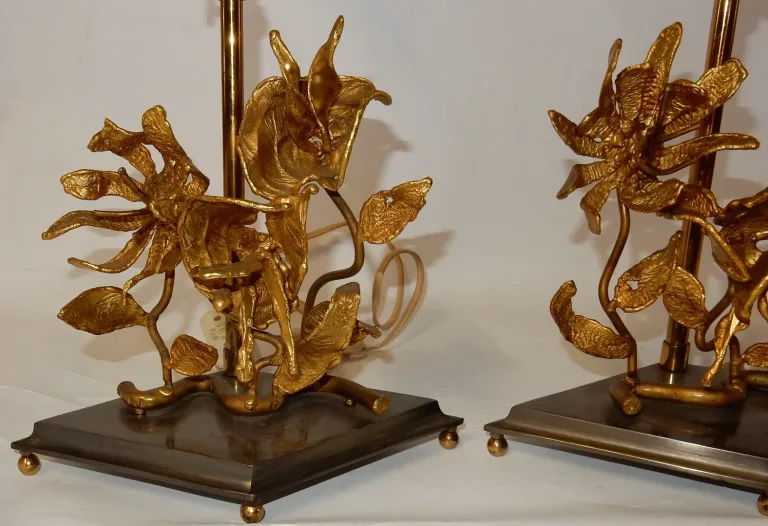 1950/70 Pair of Orchid Lamps In Silvered and Gilded Bronze DLG Maison Charles Or Maison Jansen