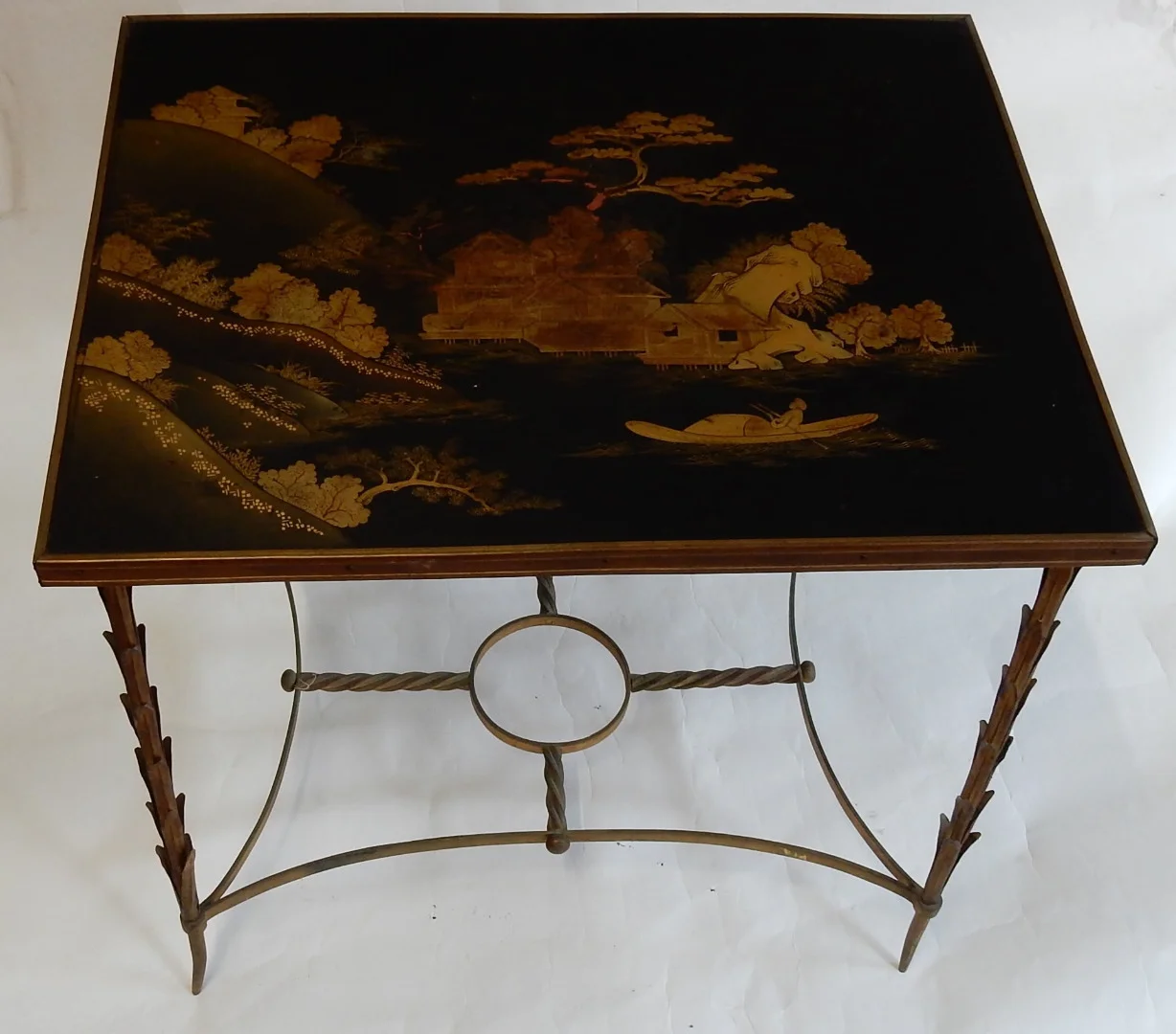 1950/70 Chinese Lacquer Tray Table Maison Jansen In Bronze Palm Tree Decor