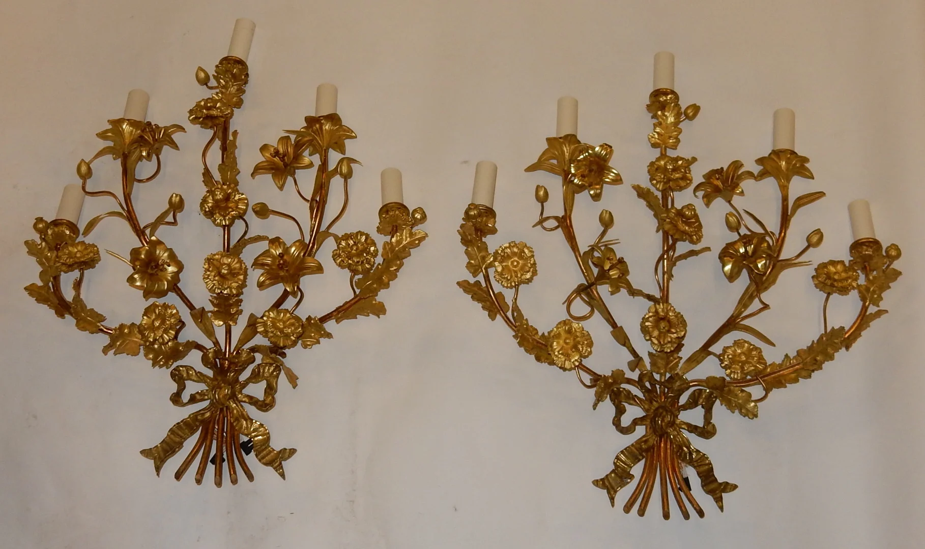 1880′ Pair of Gilt Bronze Sconces with Floral Decor 5 Arms of Light