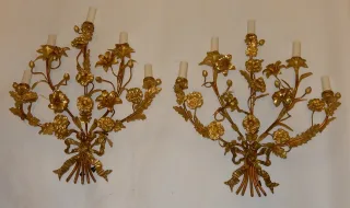 1880′ Pair of Gilt Bronze Sconces with Floral Decor 5 Arms of Light