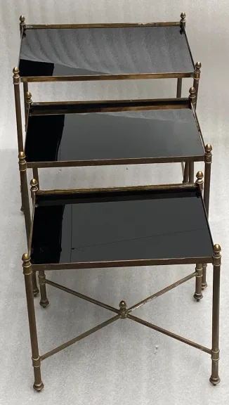 1970′ Series Of 3 Maison Baguès Nesting Tables In Gilt Bronze, 3 Blackened Glass Tops