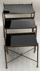 1970′ Series Of 3 Maison Baguès Nesting Tables In Gilt Bronze, 3 Blackened Glass Tops