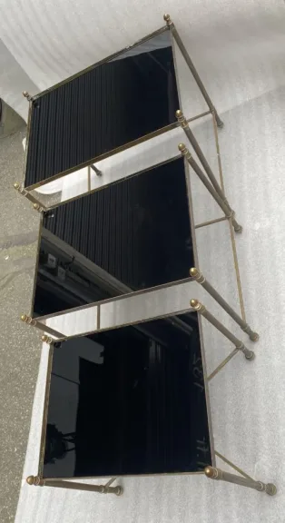 1970′ Series Of 3 Maison Baguès Nesting Tables In Gilt Bronze, 3 Blackened Glass Tops