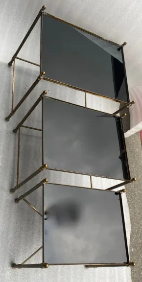 1970′ Series Of 3 Maison Baguès Nesting Tables In Gilt Bronze, 3 Blackened Glass Tops