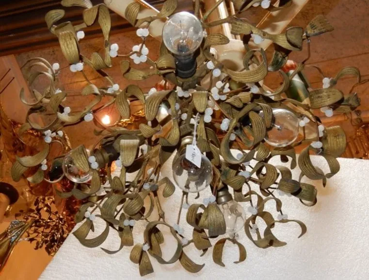 1900′ Art Nouveau Bronze Mistletoe Ball Chandelier with 5 Lights