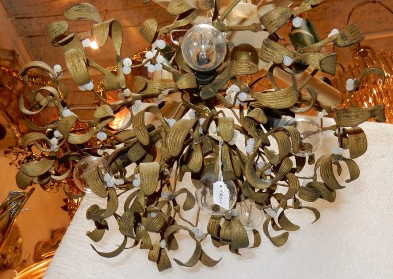 1900′ Art Nouveau Bronze Mistletoe Ball Chandelier with 5 Lights
