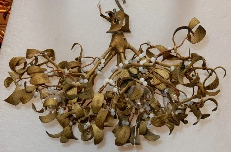 1900′ Art Nouveau Bronze Mistletoe Ball Chandelier with 5 Lights