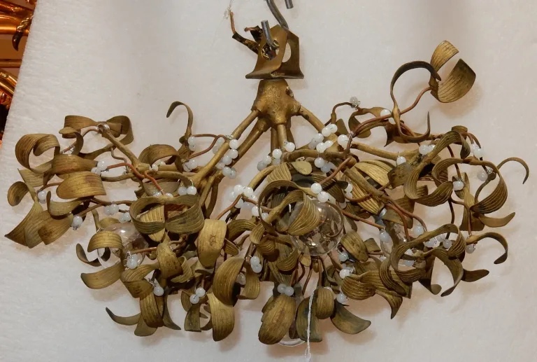 1900′ Art Nouveau Bronze Mistletoe Ball Chandelier with 5 Lights
