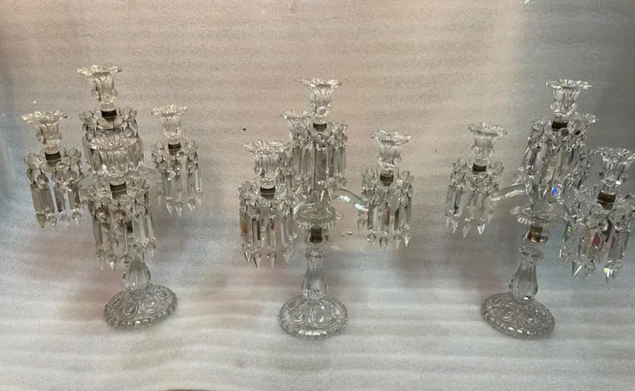 1950′ Pair of 3 Branch Candlesticks with Beaded Bases and Signed In Relief BACCARAT