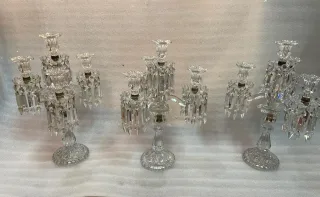 1950′ Pair of 3 Branch Candlesticks with Beaded Bases and Signed In Relief BACCARAT