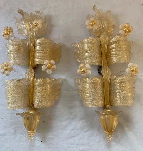 1970/80′ Pair of Murano Glass Or Crystal Sconces Barovier & Toso Butterfly Shape