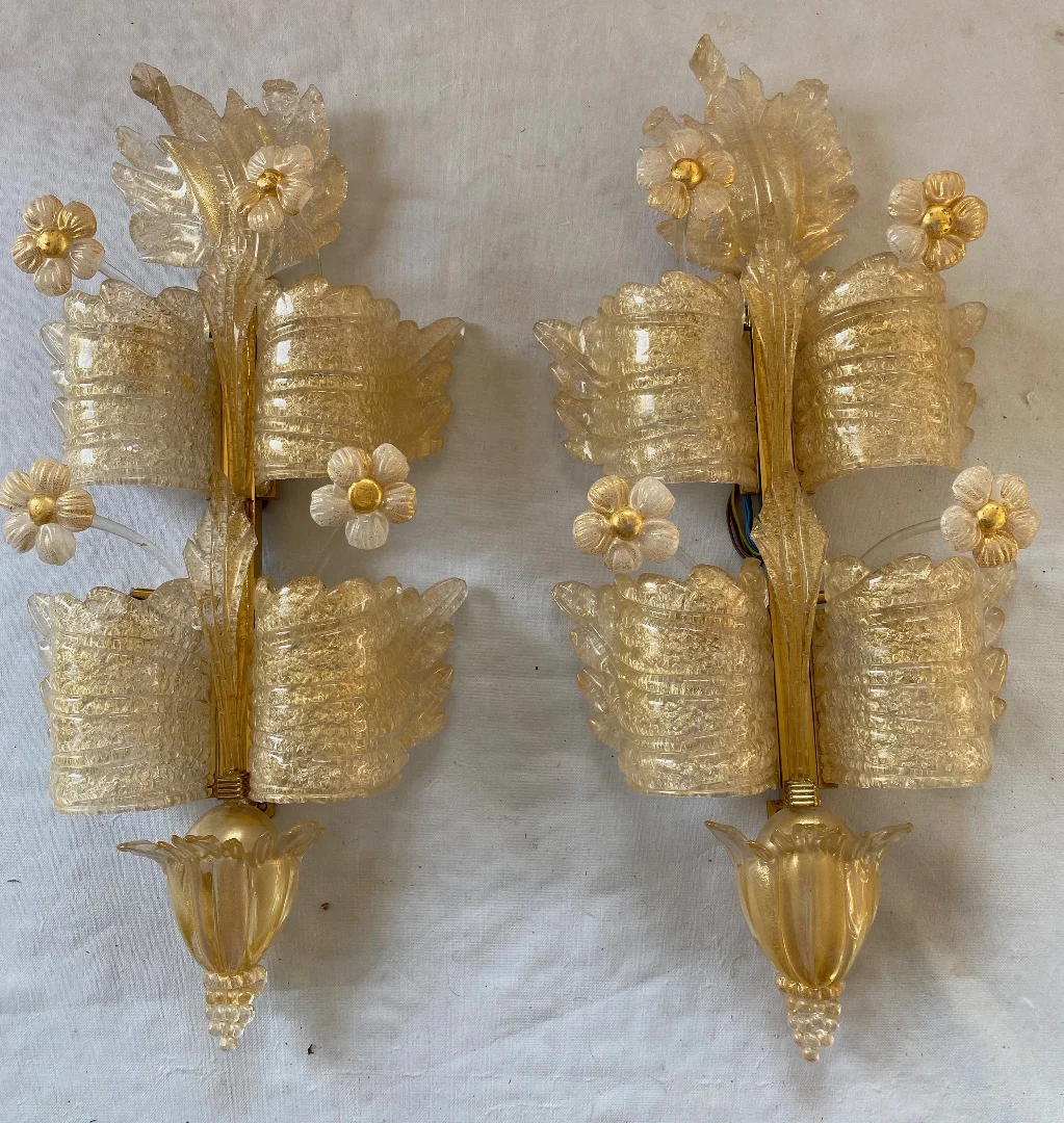 1970/80′ Pair of Murano Glass Or Crystal Sconces Barovier & Toso Butterfly Shape