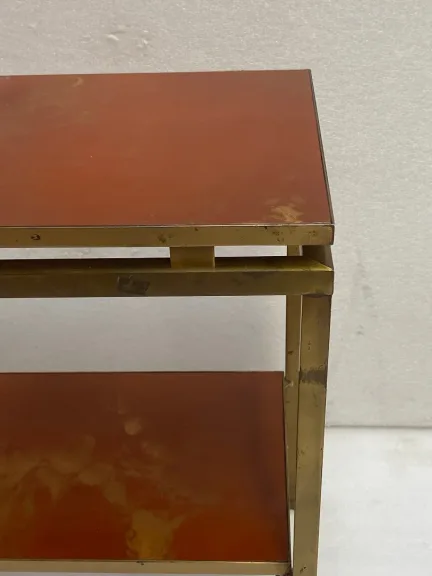 1970s Two-Tier Side Table by Maison Jansen, Orange Melamine Lacquered Shelves with Gold Decorations