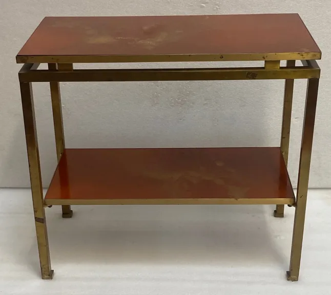 1970s Two-Tier Side Table by Maison Jansen, Orange Melamine Lacquered Shelves with Gold Decorations