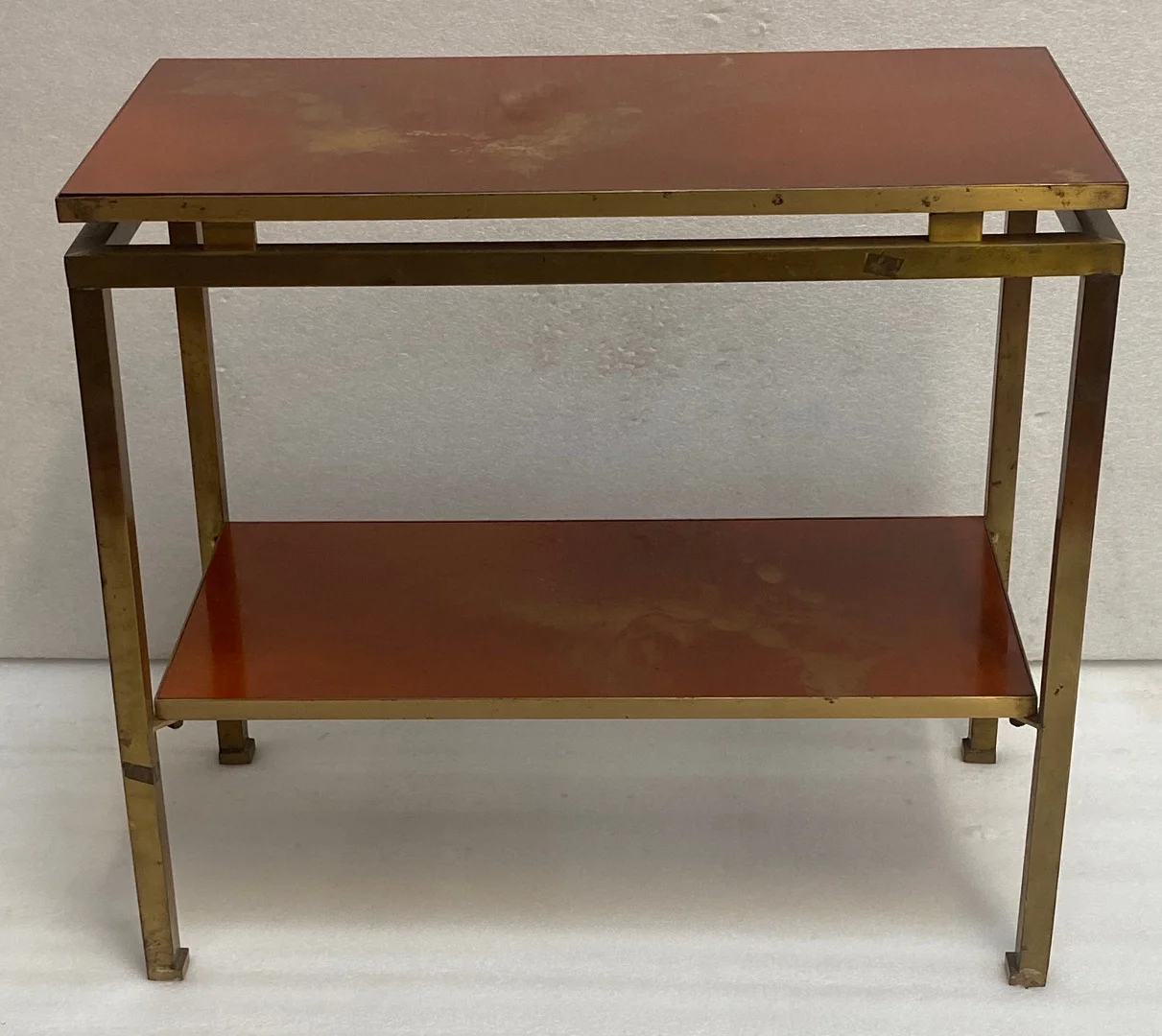 1970′ Bout De Canapé à 2 Niveaux Maison Jansen Plateaux Laque Mélaminé Orange Avec Decors A L’Or