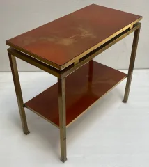 1970s Two-Tier Side Table by Maison Jansen, Orange Melamine Lacquered Shelves with Gold Decorations