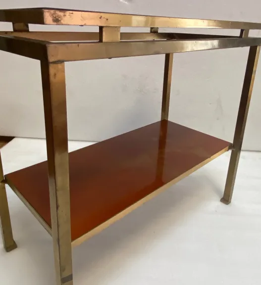 1970s Two-Tier Side Table by Maison Jansen, Orange Melamine Lacquered Shelves with Gold Decorations
