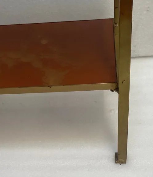 1970s Two-Tier Side Table by Maison Jansen, Orange Melamine Lacquered Shelves with Gold Decorations