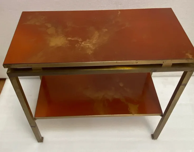 1970s Two-Tier Side Table by Maison Jansen, Orange Melamine Lacquered Shelves with Gold Decorations