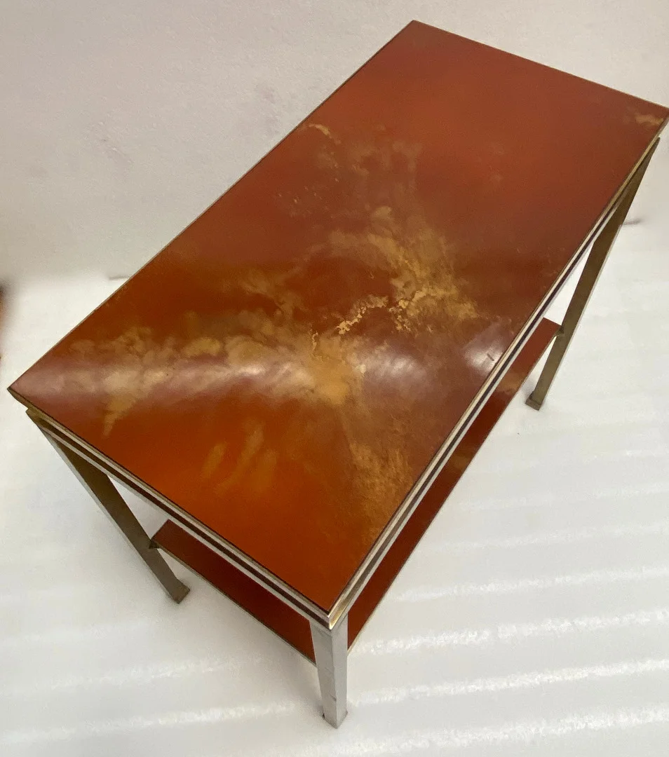 1970′ Bout De Canapé à 2 Niveaux Maison Jansen Plateaux Laque Mélaminé Orange Avec Decors A L’Or