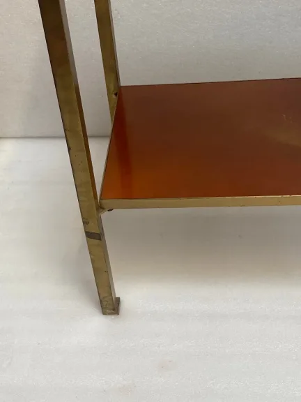 1970s Two-Tier Side Table by Maison Jansen, Orange Melamine Lacquered Shelves with Gold Decorations