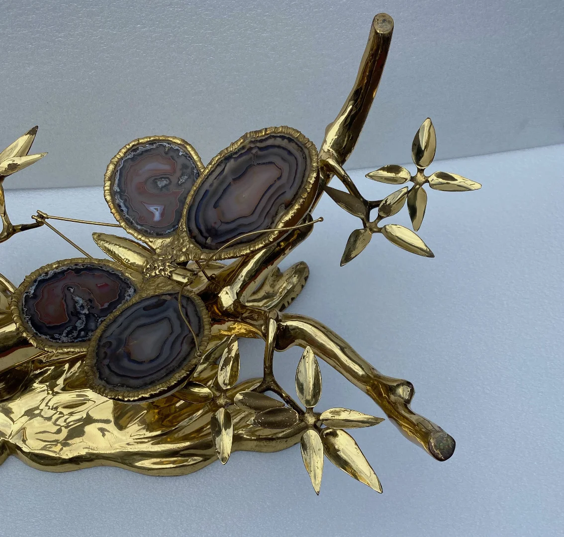 1970’Table Basse Eclairante Au Bonzai Sur Dune De Sable En bronze doré Isabelle Faure Ou Duval Brasseur Avec Papillon Ailes En Agate
