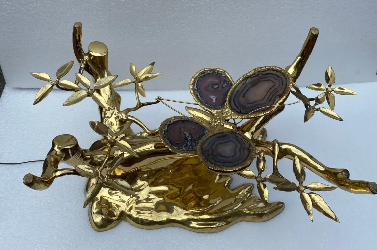 1970' Illuminated Bonzai Coffee Table On Sand Dune In Gilt Bronze Isabelle Faure Or Duval Brasseur With Butterfly Wings In Agate