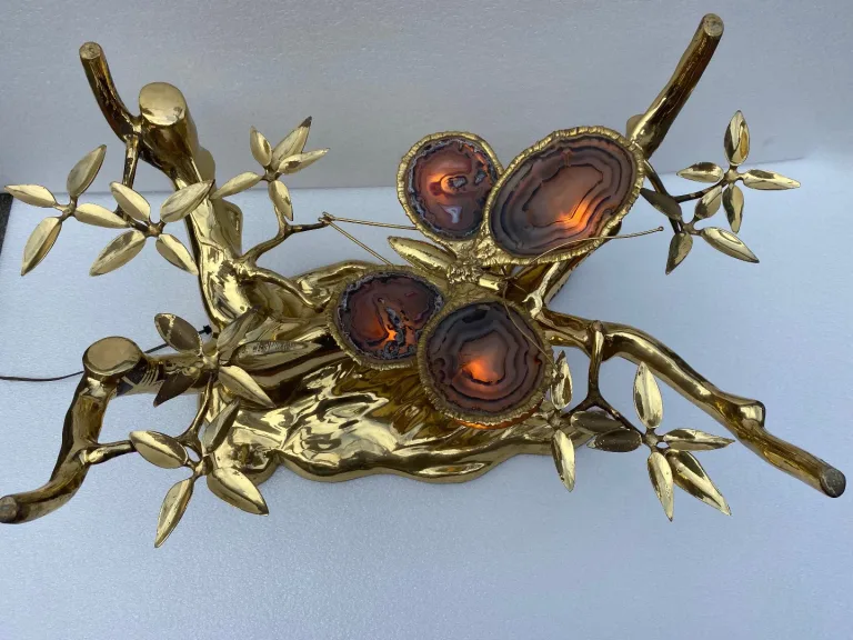 1970' Illuminated Bonzai Coffee Table On Sand Dune In Gilt Bronze Isabelle Faure Or Duval Brasseur With Butterfly Wings In Agate