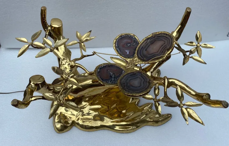 1970' Illuminated Bonzai Coffee Table On Sand Dune In Gilt Bronze Isabelle Faure Or Duval Brasseur With Butterfly Wings In Agate