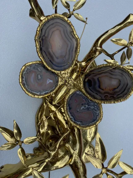 1970' Illuminated Bonzai Coffee Table On Sand Dune In Gilt Bronze Isabelle Faure Or Duval Brasseur With Butterfly Wings In Agate
