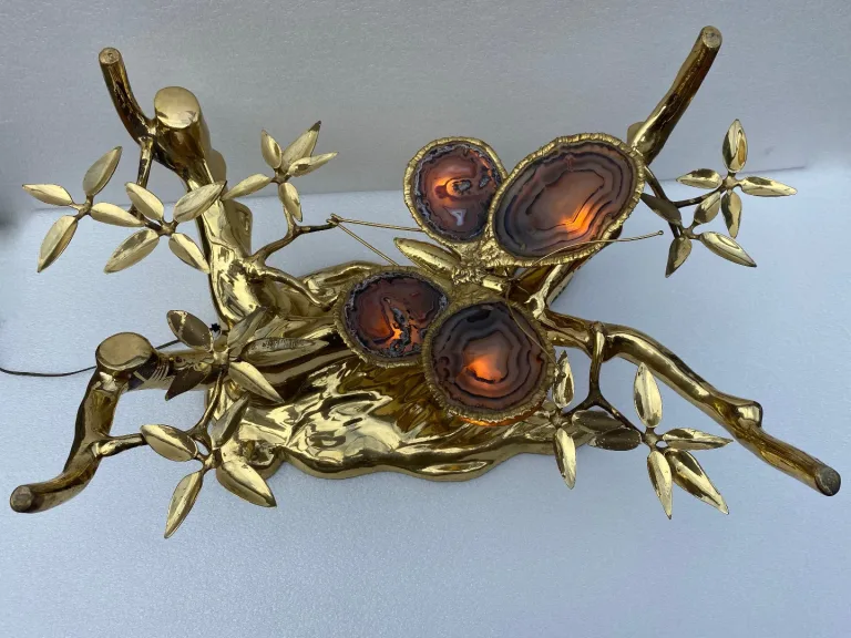 1970' Illuminated Bonzai Coffee Table On Sand Dune In Gilt Bronze Isabelle Faure Or Duval Brasseur With Butterfly Wings In Agate