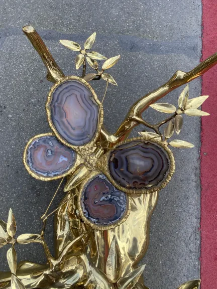 1970' Illuminated Bonzai Coffee Table On Sand Dune In Gilt Bronze Isabelle Faure Or Duval Brasseur With Butterfly Wings In Agate