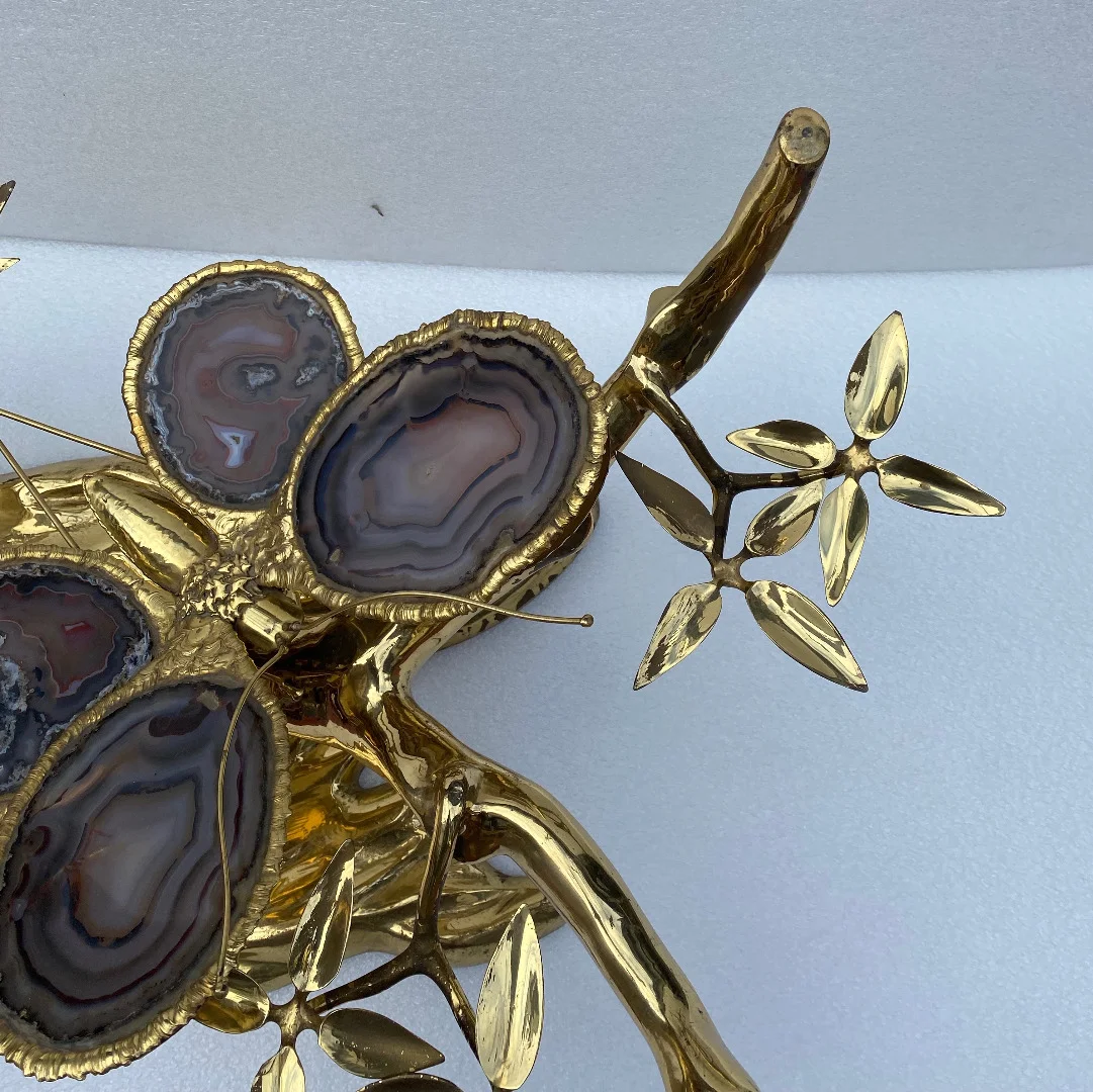 1970’Table Basse Eclairante Au Bonzai Sur Dune De Sable En bronze doré Isabelle Faure Ou Duval Brasseur Avec Papillon Ailes En Agate