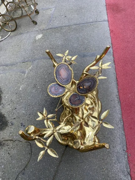 1970' Illuminated Bonzai Coffee Table On Sand Dune In Gilt Bronze Isabelle Faure Or Duval Brasseur With Butterfly Wings In Agate