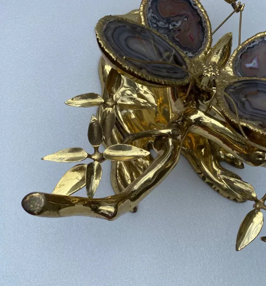 1970' Illuminated Bonzai Coffee Table On Sand Dune In Gilt Bronze Isabelle Faure Or Duval Brasseur With Butterfly Wings In Agate